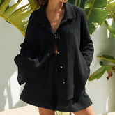 Black Cardigan Loose Casual Pajamas Two Piece Set Long Sleeve Shorts Outer Wear Homewear